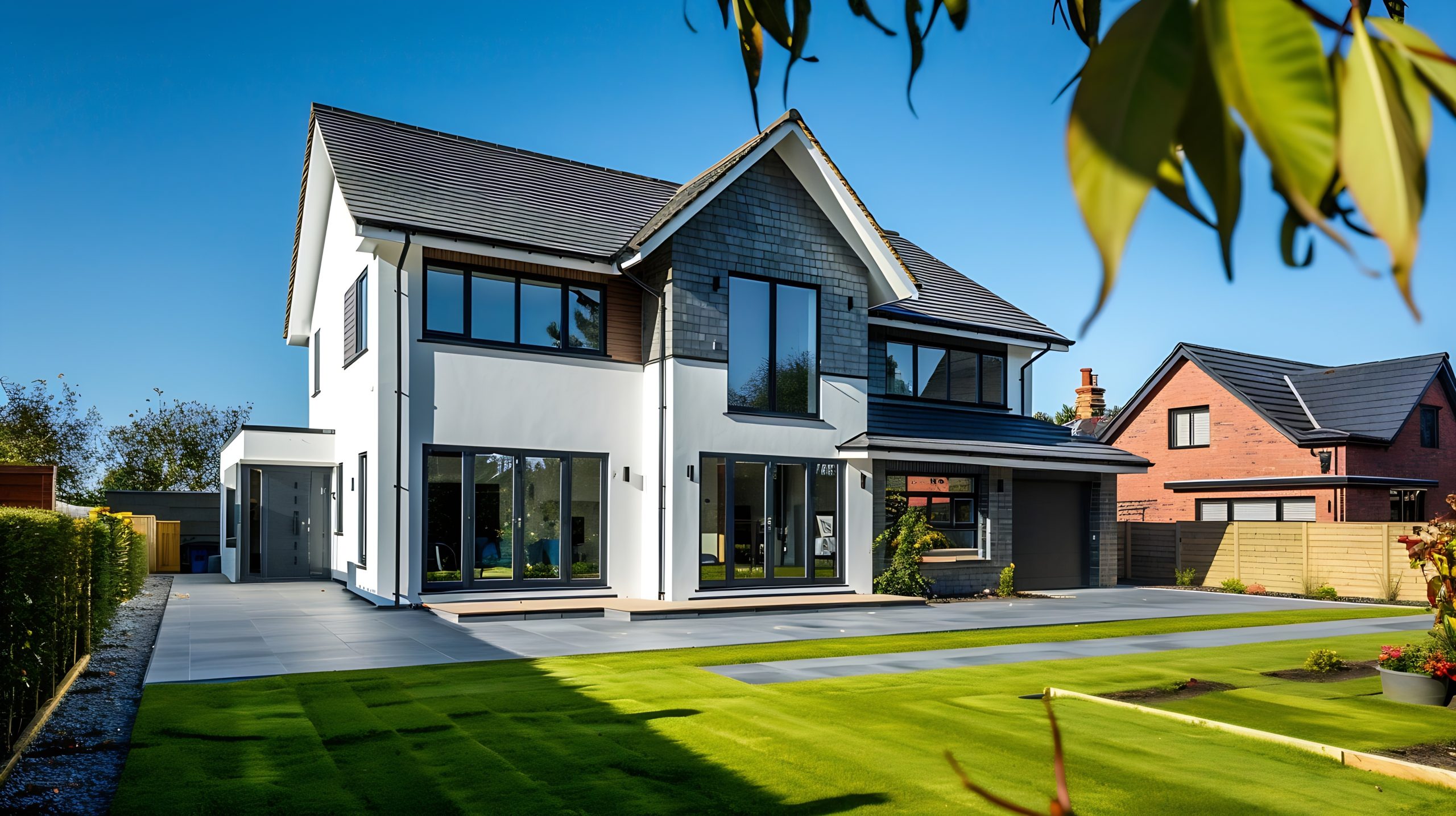 Self build detached modern house with rendered walls UK Risk management